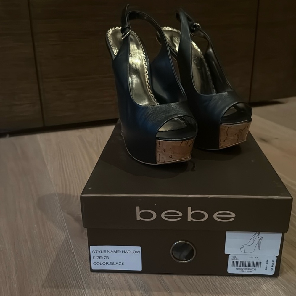 BEBE Harlow Leather and Cork Slingback Sandal 7
